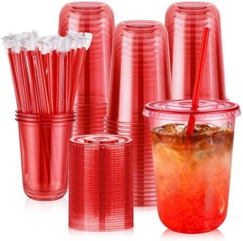 tchrules 100Pcs 16oz Red Plastic Disposable Party Cups with Lids and Straws by TCHRULESHOME