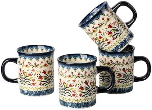 Ceramic Latte Mug Set of 4, 15.5oz Hand Painted Porcelain Coffee Cups With Big Handle - Modern,Retro Design For Any Kitchen. Microwave and Dishwasher Safe (The tulip) by ONECCI