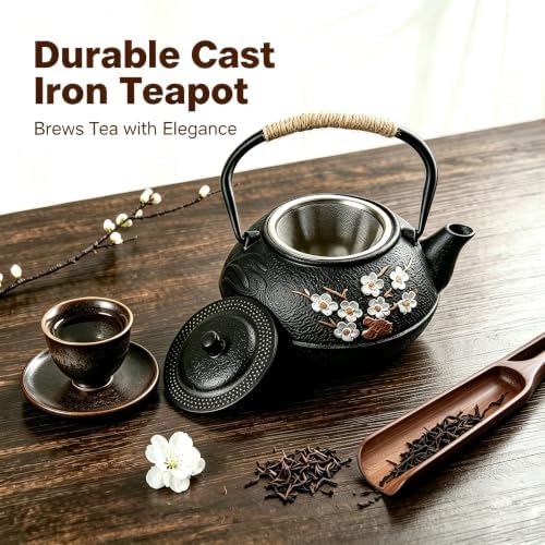 Japanese Style Tea Pot Kettle Tetsubin Gift Cast Iron Teapot with Stainless Steel Infuser for Stovetop Safe Coated Plum Blossom & Bamboo Pattern 650ml/22oz (Blossom & Bamboo (22oz)) - Image 2