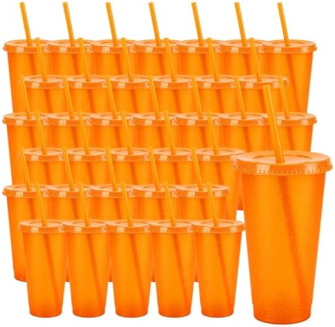 36 Pcs Orange Tumblers with Straw & Lid - 24oz Coffee Cups by Pineburg