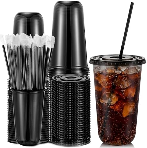 Ziliny 50 Sets 18oz Black Plastic Cups with Lids and Straws Disposable Cups by Ziliny