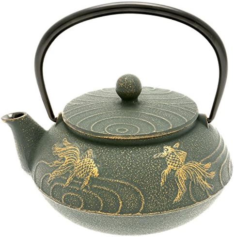 Iwachu Japanese Iron Tetsubin Teapot with "Bronze" Goldfish, Gold/Patina Green by Iwachu