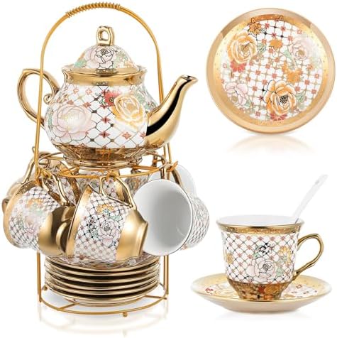 Zhehao 20 Pcs Porcelain Tea Set for Adult, with Metal Holder, Delicate by Zhehao