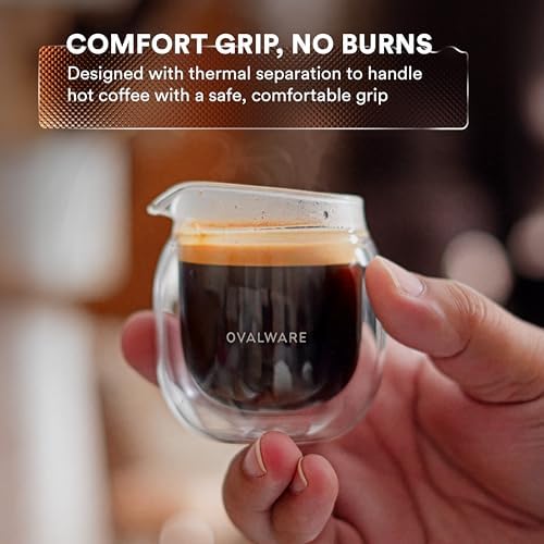 Ovalware 8.5oz Double Wall Latte Cups, Latte Set of 2 - Palm-Sized Cups with Wide Rim for Artistic Designs - Frost White and Espresso Pouring Glass Set of 2 | Double-Wall 2.7oz/80ml Shot Measuring Cup - Image 7