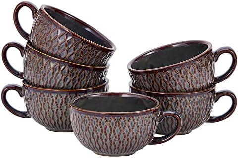 Coffeezone Set of 6 Cups Vintage Design 12 oz Professional Barista Ceramic Latte Art Cappuccino Cups Set (Embossed Grey * 6) by Coffeezone