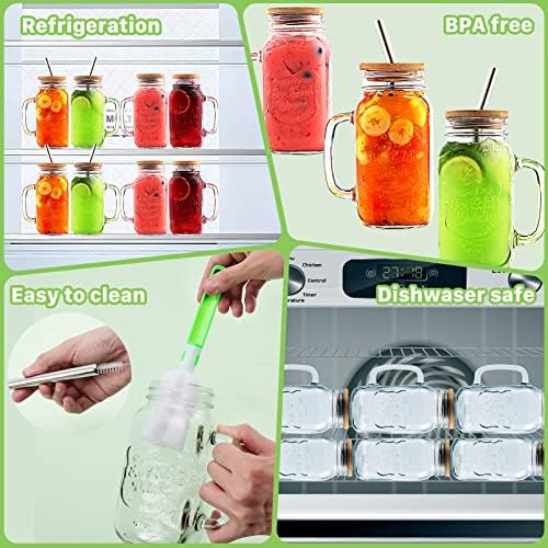 4 Pack 24 OZ Mason Jar Cups with Handle,Reusable Mason Jar Drinking Glasses,Mason Jars Mugs with Bamboo Lids and Stainless Steel Straws,Regular Mouth Glass for Iced Coffee Large Pearl Juices - Image 5
