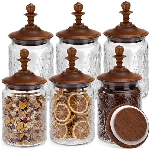 Suclain 6 Pack 24 oz Glass Spice Jars with Dark Wood Lids Vintage Canisters with Begonia Pattern Airtight Food Storage Container for Home Kitchen Tea Coffee Spice Pantry Organization Decorations by Suclain