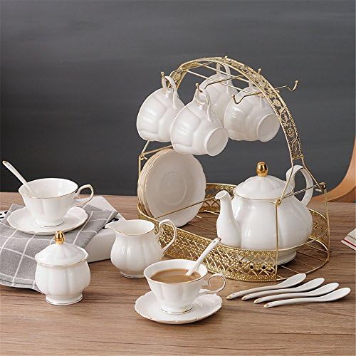 ufengke 15 Pieces Simple White English Ceramic Tea Sets,Tea Pot,Bone China Cups with Metal Holder Matching Spoons,Afternoon Tea Set Service Coffee Set - Image 2