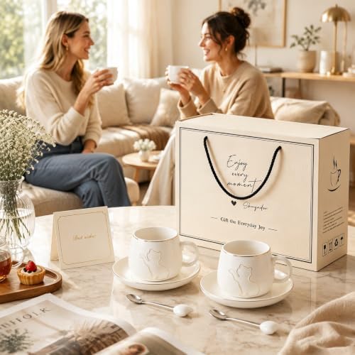 6 oz Ceramic Espresso Cups Set of 2 with Saucers, Cat Coffee Cups with Gold Rim and Gift Box for Cappuccino and Coffee, White - Image 6