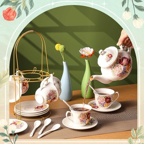 Zhehao 20 Pcs Porcelain Tea Set for Adult, with Metal Holder, Groovy - Image 6