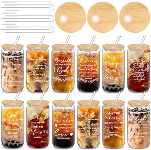 12 Set Christian Gifts Bulk 16oz Can Shaped Glass Cup with Lids Straws by KisSealed