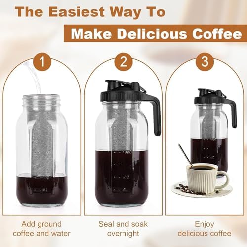 Cold Brew Coffee Maker Jar with Stainless Steel Filter Thick Glass Iced Coffee Pitcher Spout Lid Handle for Home Office Use Brew Overnight Dishwasher (2000ml) - Image 7