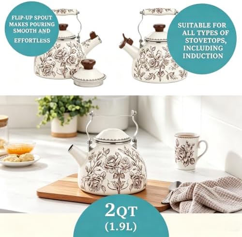 Brown Agatha 2-Quart Enamel On Steel Whistling Tea Kettle, Vintage Floral Stovetop Water With Foldable Heat-Resistant Handle - Image 3