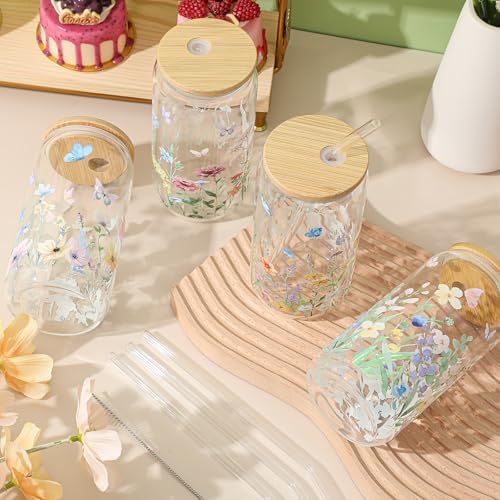 Mumufy 8 Pack Wildflower Glass Cup, 16 oz Tumbler Mug with Bamboo Lid - Image 4