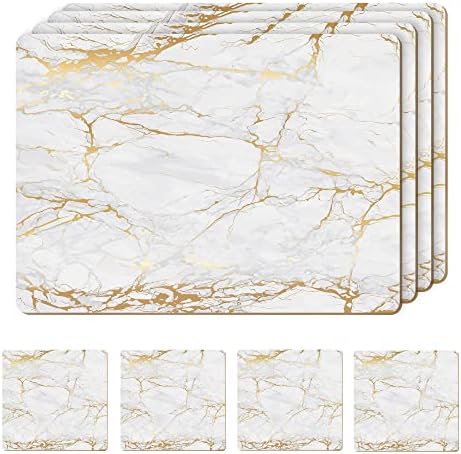 Set of 4 Heat Resistant Cork Placemats for Dining Table with Free Set of 4 Matching Drink Coasters Marble Design 16 x 12 Inches Cork Backed Hard Placemats (Foiled Gold) by Moderry