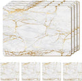 Set of 4 Heat Resistant Cork Placemats for Dining Table with Free Set of 4 Matching Drink Coasters Marble Design 16 x 12 Inches Cork Backed Hard Placemats (Foiled Gold) by Moderry
