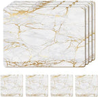 Set of 4 Heat Resistant Cork Placemats for Dining Table with Free Set of 4 Matching Drink Coasters Marble Design 16 x 12 Inches Cork Backed Hard Placemats (Foiled Gold) by Moderry