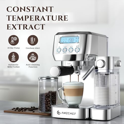 AMZCHEF Espresso Machine, Auto Milk Frother, 20 Bar Pressure, Silver - Image 2
