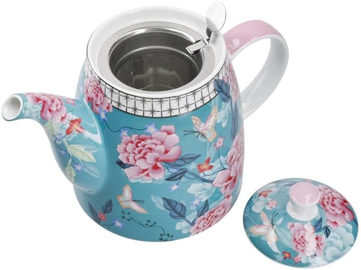 London Pottery Classic Ceramic Bell -shaped Teapot, 1 Litre (33.8 Fl oz), Teal Floral, Vintage Flowers and Butterfly Patterns, Stainless Steel Tea Infuser, English Style Tea Pot for Afternoon Tea - Image 4
