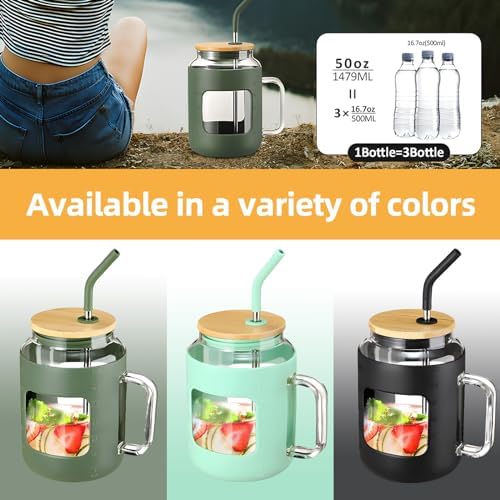 50Oz Glass Mug with Handle and Straw, Silicone Sleeve, Reusable Water Bottle for Beer, Tea, Coffee, Juice, Sustainable Drinking Cup with Lid (Blue) - Image 5