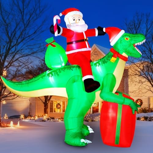 9x7.38ft Christmas Inflatables Santa Riding Dinosaur with Built-in LED,Dinosaur Inflatable Christmas Blow Up Yard Decorations with Water Bags Stakes Strings Gift Bag for Garden Yard Party Lawn by Unknown