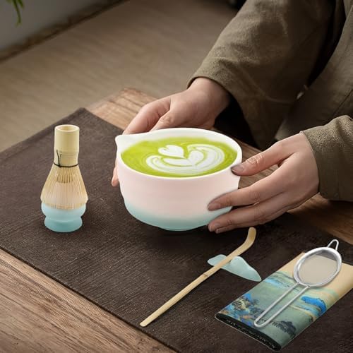 7 Pcs Matcha Whisk Set Pink, Ceramic Matcha Set Includes Matcha Bowl, Matcha Whisk And Holder, Bamboo Scoop, Scoop Rest, Sifter And Tea Towel Tea Making Kit Gift for Matcha Lovers (Gradient pink) - Image 4