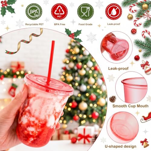 tchrules 100Pcs 16oz Red Plastic Disposable Party Cups with Lids and Straws - Image 3