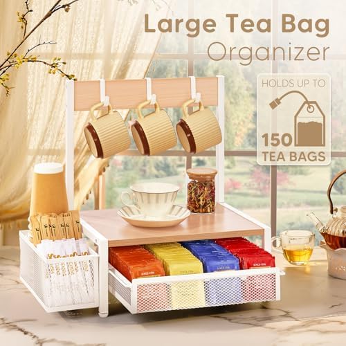 DGWJSU Tea Bag Organizer, Wood Tea Organizer and Storage Cheast, Tea Bag Holder with Storage Drawer, 4 Hooks for Tea Cups Holder, Tea Station Chest Display Container Box for Countertop Kitchen (White) - Image 2