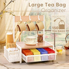 DGWJSU Tea Bag Organizer, Wood Tea Organizer and Storage Cheast, Tea Bag Holder with Storage Drawer, 4 Hooks for Tea Cups Holder, Tea Station Chest Display Container Box for Countertop Kitchen (White) - Image 2