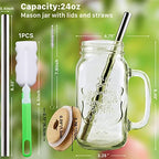 4 Pack 24 OZ Mason Jar Cups with Handle,Reusable Mason Jar Drinking Glasses,Mason Jars Mugs with Bamboo Lids and Stainless Steel Straws,Regular Mouth Glass for Iced Coffee Large Pearl Juices - Image 3