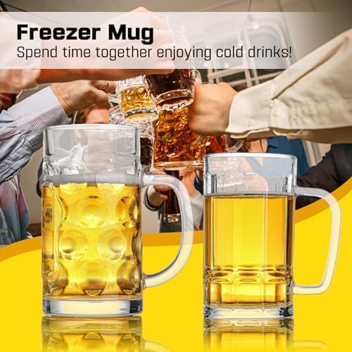 20oz Large Heavy e Glass Beer Mugs for Freezer Set of 4 with Handle, Large Glass Beer Stein, Beer Cup Mug for Water, Drinks, Lead-Free Glasses for Men in Pub, Home - Image 6