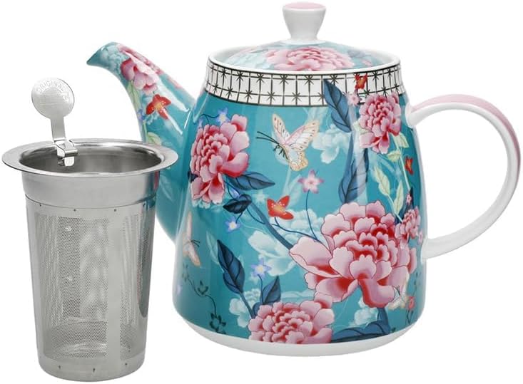 London Pottery Classic Ceramic Bell -shaped Teapot, 1 Litre (33.8 Fl oz), Teal Floral, Vintage Flowers and Butterfly Patterns, Stainless Steel Tea Infuser, English Style Tea Pot for Afternoon Tea - Image 5