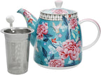 London Pottery Classic Ceramic Bell -shaped Teapot, 1 Litre (33.8 Fl oz), Teal Floral, Vintage Flowers and Butterfly Patterns, Stainless Steel Tea Infuser, English Style Tea Pot for Afternoon Tea - Image 5