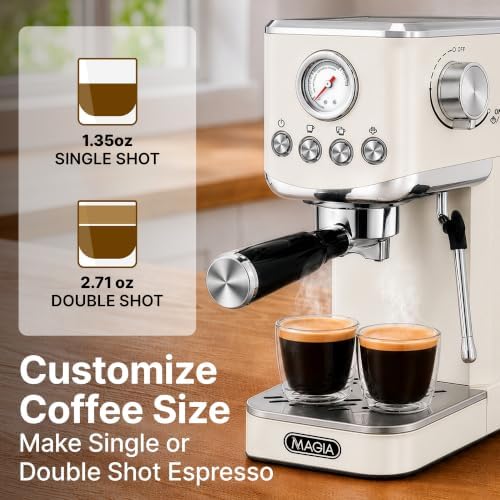 Zulay Kitchen Magia Compact Espresso Machine – 20 Bar Coffee Maker with Milk Frother Steam Wand, Latte & Cappuccino Maker, 1350W Fast Heating, 40oz Removable Water Tank, Stainless Steel – Cream - Image 3