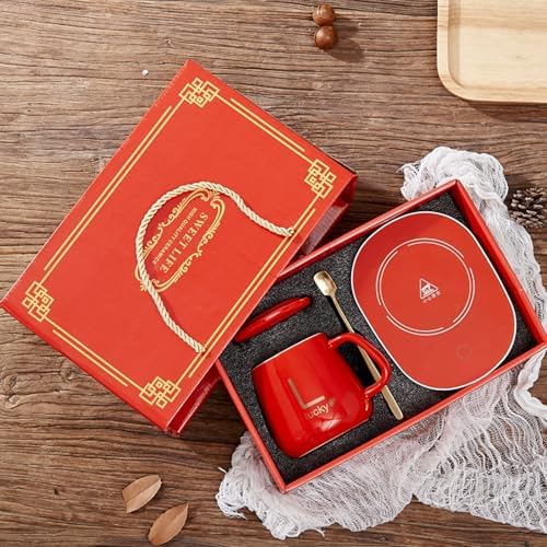 Coffee Mug for Desk Office Home,55 Degree Thermostat Cup,Ceramic Cup Heating,Electric Cup Warmer with Auto Shut Off,Drink Warmer for Cocoa, Tea, Milk Gifts for Women,2-Hole Plug (Red) by NZLTQO