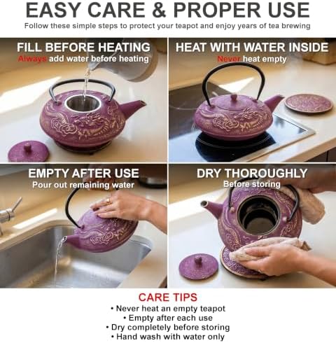 40 Oz Purple Dragon Cast Iron Teapot, Enamel Interior, Infuser & Trivet - Image 6