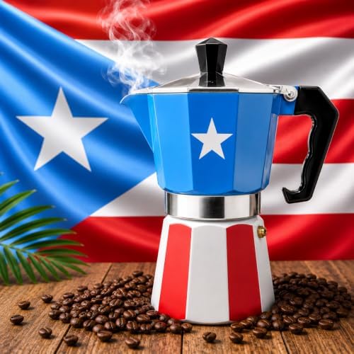 PRK 14 Puerto Rico Coffee Pot – Aluminum Moka Grecas Pot with Puerto Rican Flag Design | Traditional Stovetop Espresso Maker for Authentic Cafe Boricua 6 Cup by PRK14