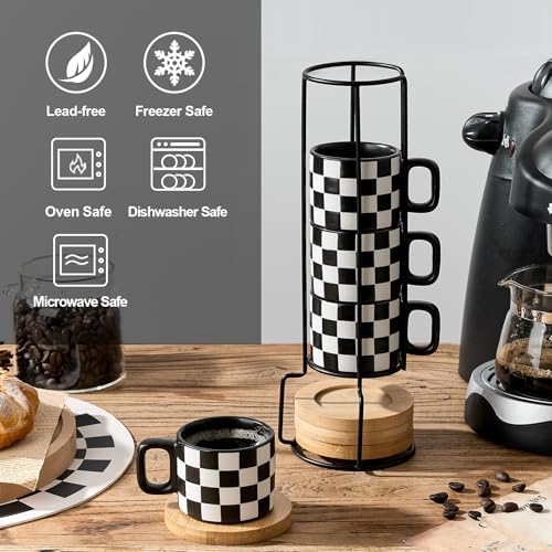 LUKA Porcelain Stackable Black and White Checkered Espresso Cups with Saucers and Metal Stand, 4 Ounce Small Ceramic Demitasse Cups Set for Coffee Drinks, Latte, Tea - Set of 4, Black Interior - Image 4