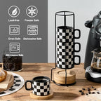 LUKA Porcelain Stackable Black and White Checkered Espresso Cups with Saucers and Metal Stand, 4 Ounce Small Ceramic Demitasse Cups Set for Coffee Drinks, Latte, Tea - Set of 4, Black Interior - Image 4
