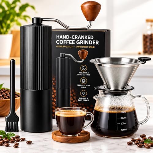 Manual Coffee Grinder with Strainer & Brush, Adjustable Stainless Steel Burr, 30g Hand Crank Coffee Mill, Aluminum Body & Walnut Handle for Espresso, Turkish Coffee & French Press by Unknown