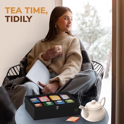 Bambüsi Tea Bag Organizer - Bamboo Tea Box Organizer Storage Box, Tea Bag Holder with Acrylic Window, Magnetic Lid Keeps Tea Bags Fresh - Ideal Gifts Tea Organizer Caddy (Tea Not Included) - Black - Image 2