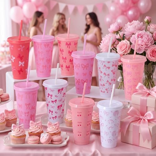Honeydak 30 Pcs 24 oz Pink Bow Plastic Tumbler with Straw and Lids Bulk - Image 2