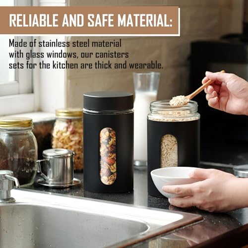 Mimorou 3 Pcs Stainless Steel Canister Set with Glass Windows Visible Storage Jars Silver Kitchen Canister Set for Pasta Flour Oat Sugar Container, Kitchen Tools, Housewarming Gifts(Black,32 oz) - Image 5
