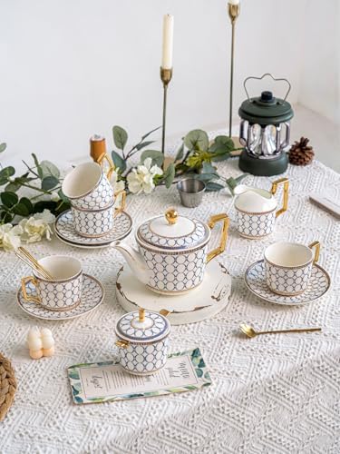 7 Oz Bone China Blue Tea Cup and Saucer Service for 4, Afternoon Porcelain Tea Set with Teapot, Tea Sets For Women Tea Party. - Image 6