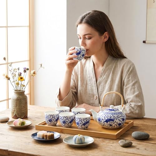 Layhit Japanese Tea Set for Adults, 25.3oz Ceramic Teapot with 6 Cups & Wooden Tray, Traditional Kiln Altered Glaze Asian Chinese Tea Set Gift Box for Father's Day & Housewarming (Blue) - Image 4