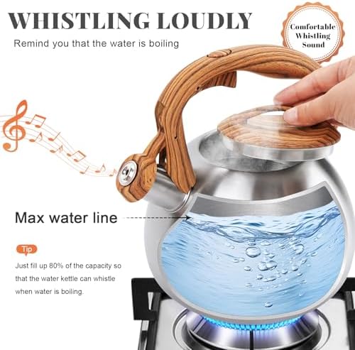 GGC Tea Kettle for Stove Top, 3.1QT/3L Whistling Tea Kettles for Boiling Water Coffee or Milk, Stainless Steel kettle Pot with Wood Parttern Handle for Home and Kitchen - Image 4