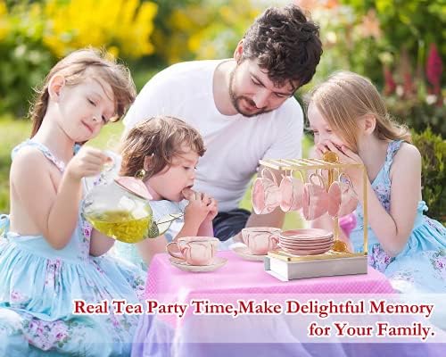 DUJUST 21 pcs Small Tea Set of 6, Pink Marble Set, Handcraft Golden Trim, Porcelain Tea Pot Set for Kids&Adults, 1 Glass Teapot(22oz), 6 Cups(4oz), 6 Saucers, 6 Spoons, 1 Shelf&1 Warmer - Image 2