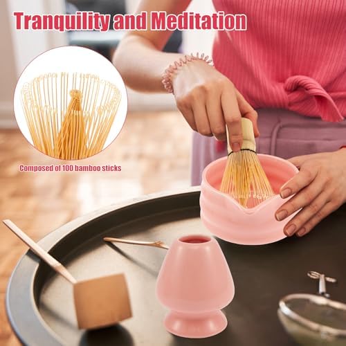 5Pcs Matcha Whisk Set Ceramic Matcha Bowl Kit with Spout Matcha Bamboo Whisk and Sifter Spoon Elegant Matcha Tea Set for Matcha Tea Lovers (Pink) - Image 5