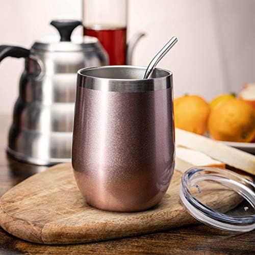 COMOOO Rose Gold Stainless Steel Wine Tumbler Bulk with Lid and Straw 12oz Double Wall Vacuum Insulated Travel Tumbler Cup for Coffee Wine Cocktails Ice Cream Cup Rose Gold, 16 pack - Image 5