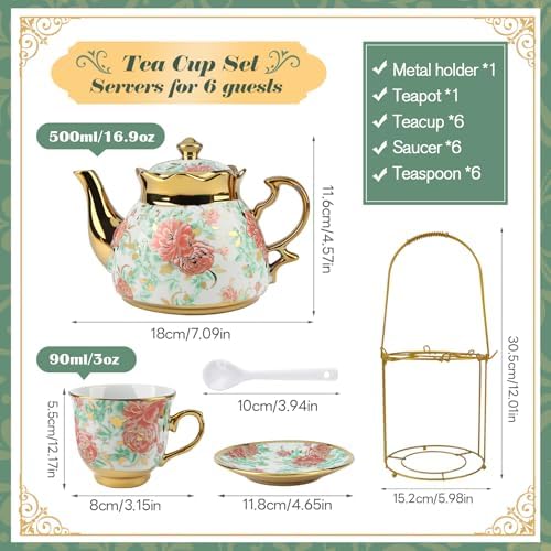 20 Pcs Porcelain Tea Set with Metal Holder, Adult Tea Set Gift, European Ceramic Tea Set for Adults, Flower Tea Cup Saucer Set for Party With Gold Flower Painting (Vibrant Green) - Image 2